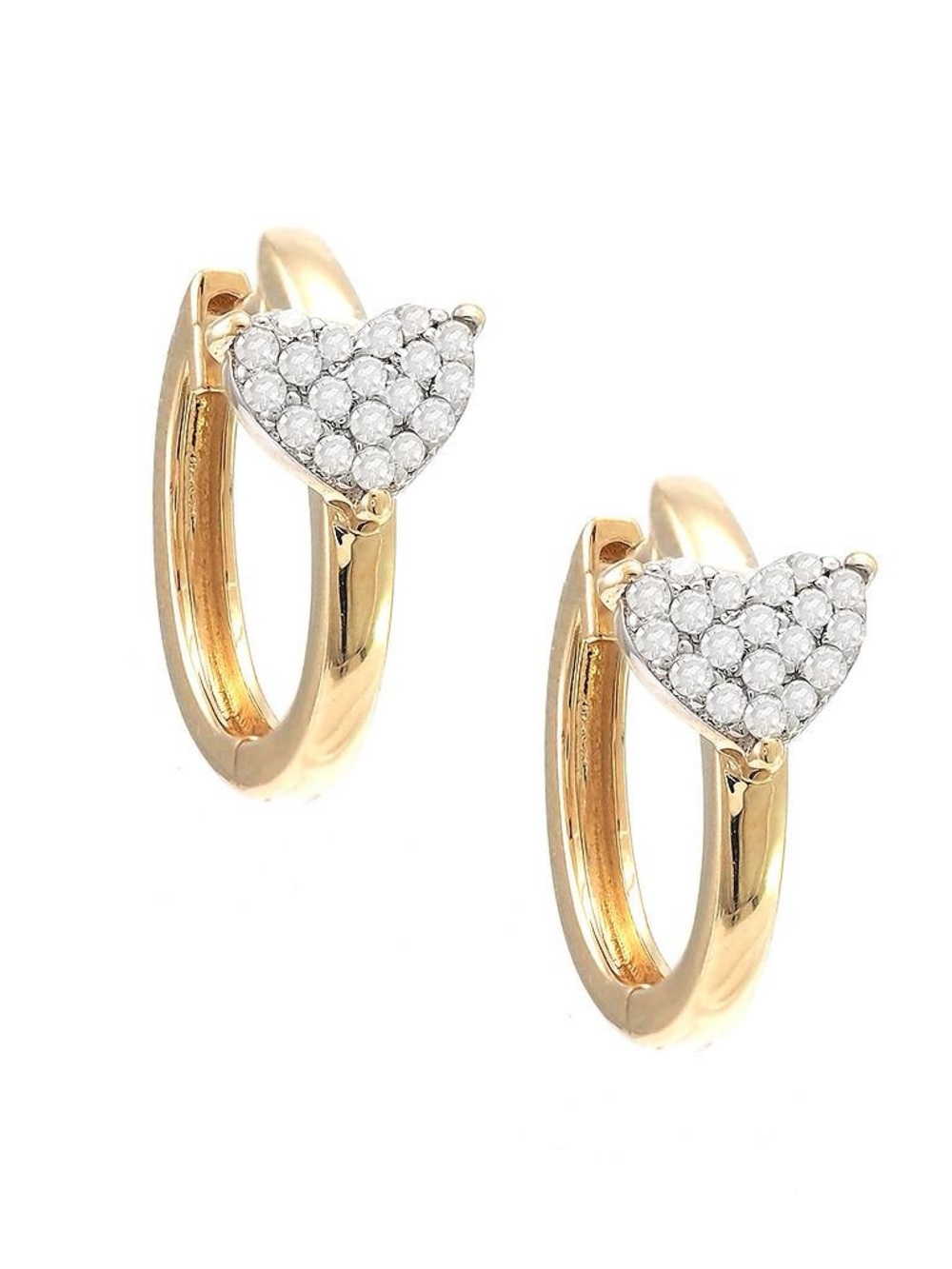 Solid Real Yellow Gold Single Diamond Heart Huggie Earrings 12mm Micro-Pave